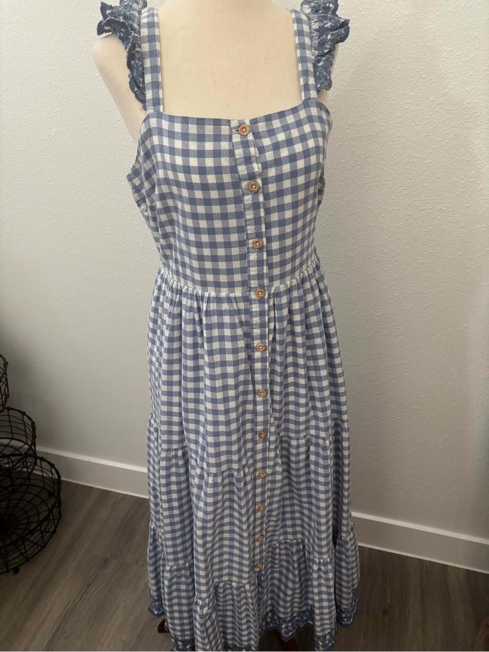 Blue Gingham Maxi Dress Adorable Ruffle Straps Size 8 Final Sale